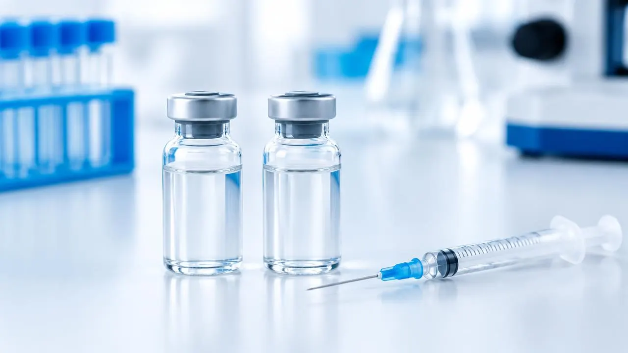 Two laboratory diluent vials side by side: bacteriostatic water and sterile water for injection
