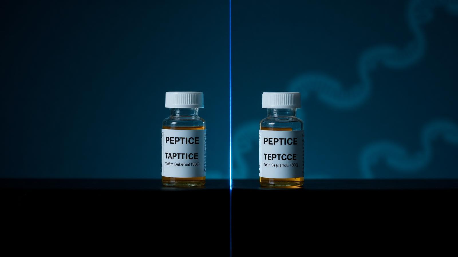 Two peptide vials side by side on a dark laboratory surface separated by a blue accent light