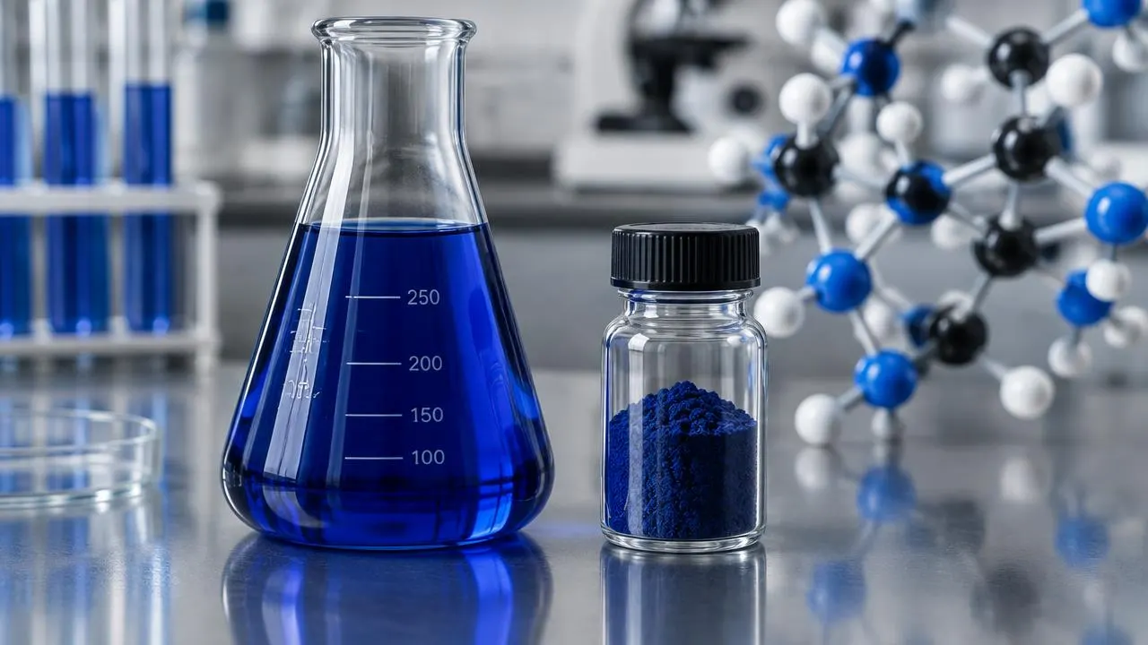 GHK-Cu copper peptide solution with characteristic blue colour in a laboratory vial