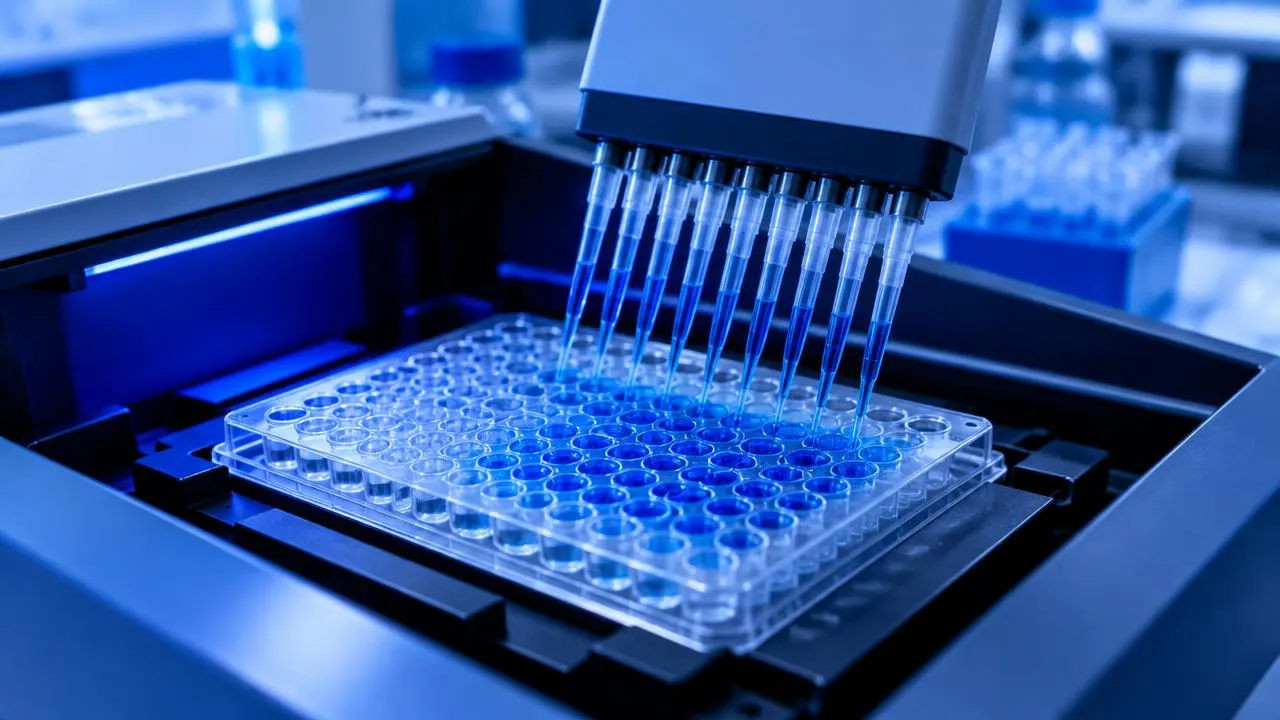 Microplate reader running GHS-R1a receptor binding assays with ipamorelin research samples