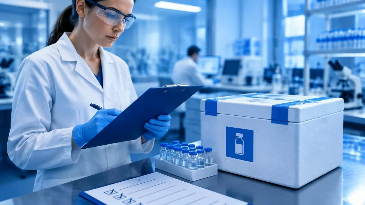 Checklist and certificate of analysis beside research peptide vials for supplier evaluation