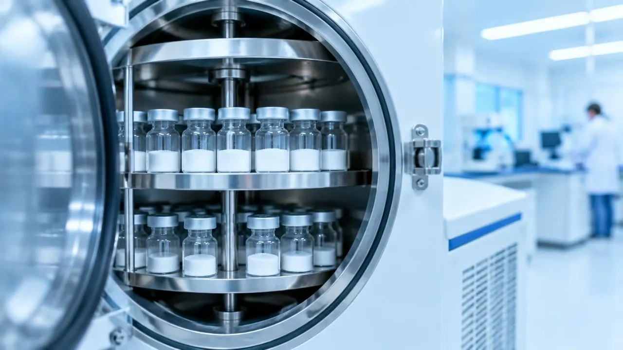 Freeze-dryer shelf with lyophilised research peptide vials showing white powder cakes