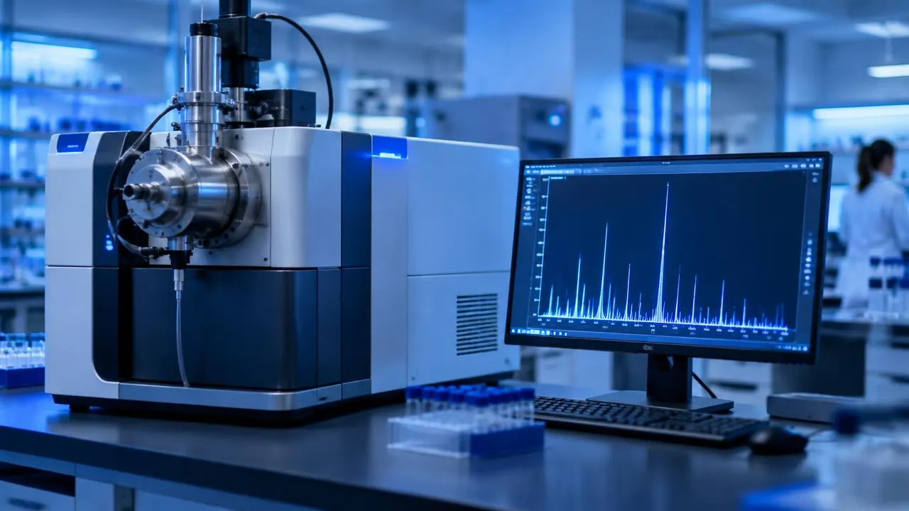 Mass spectrometer in an analytical laboratory with a peptide mass spectrum on the monitor