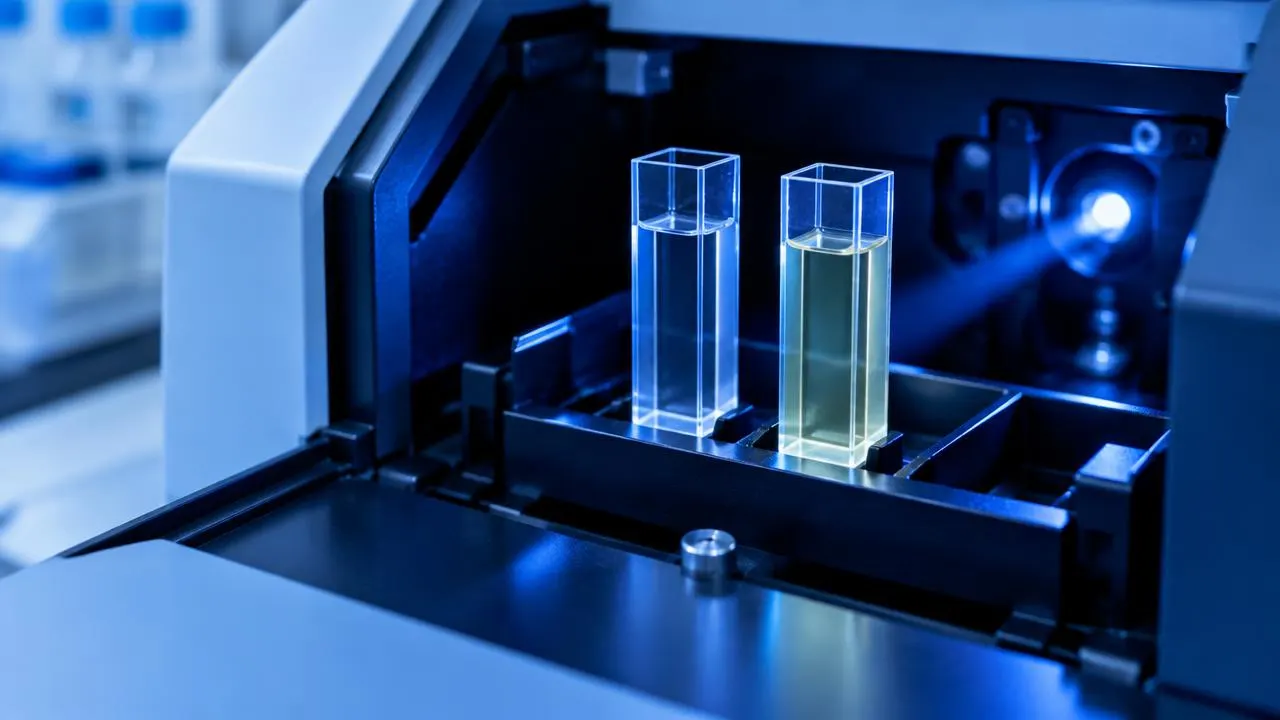 NAD+ coenzyme molecular structure with enzymology assay equipment in a research laboratory
