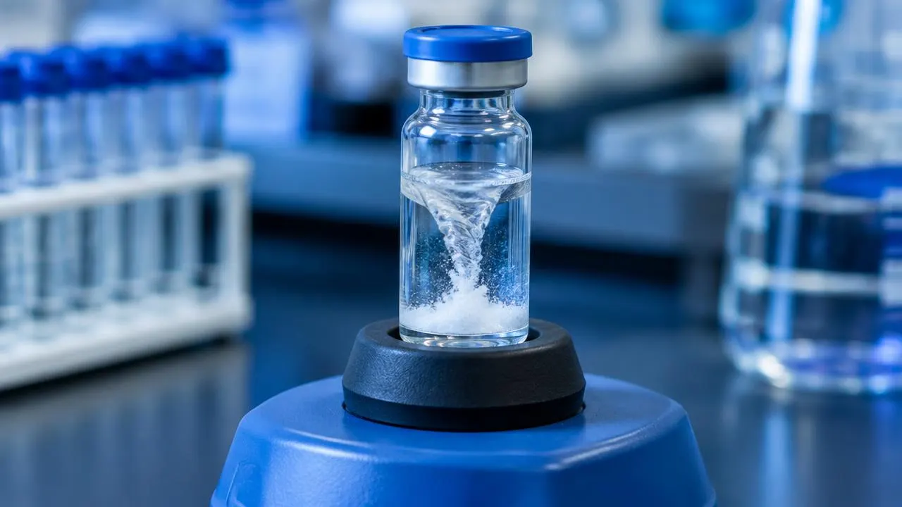 Peptide solubility testing with vials of clear and cloudy solutions under laboratory light