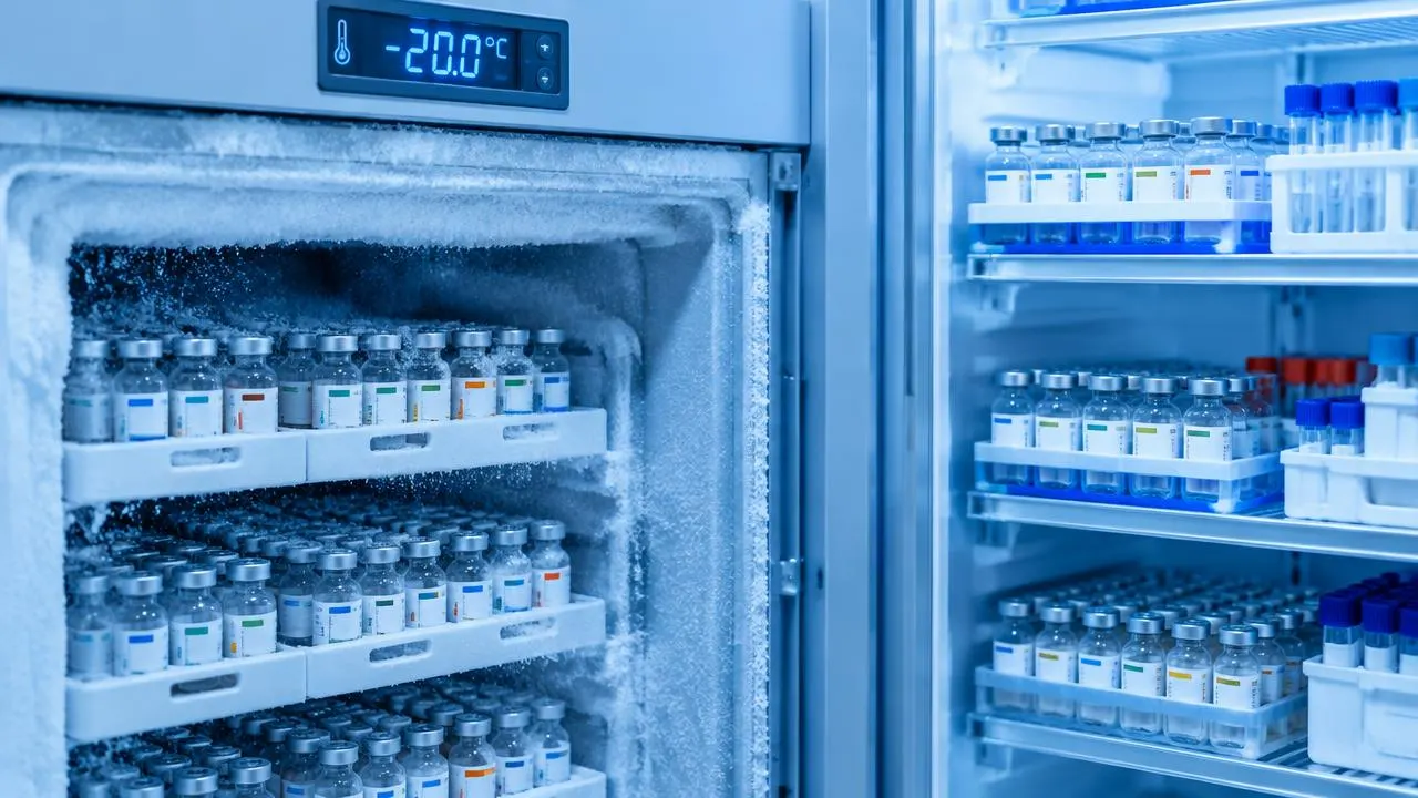 Laboratory freezer and refrigerator with labelled research peptide vials stored at controlled temperatures