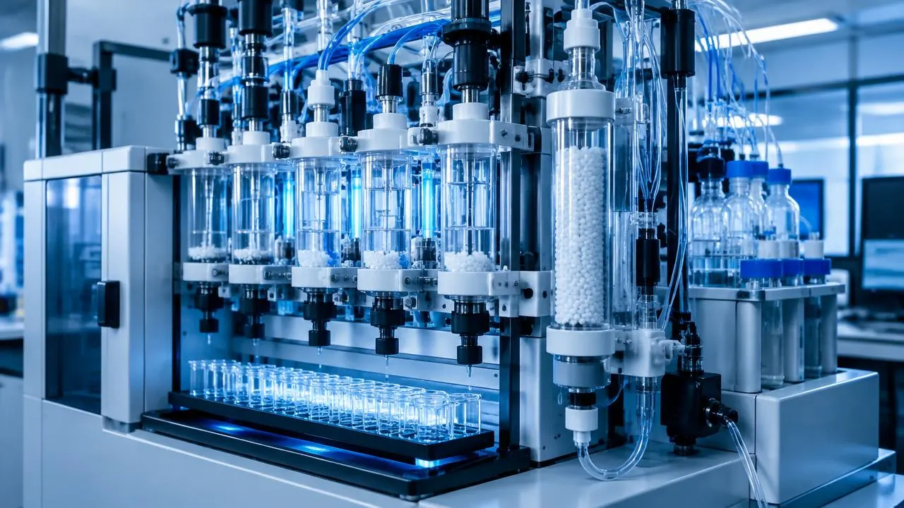 Solid-phase peptide synthesis vessel with resin beads and amino acid reagent bottles